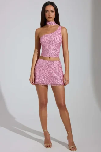 Adhara Verzierter A-Linien-Micro-Mini-Rock mit niedriger Leibhöhe in Rosa Adhara Verzierter A-Linien-Micro-Mini-Rock mit niedriger Leibhöhe in Rosa