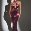 Adriana Samt-Maxikleid mit Neckholder in Weinrot
