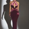 Adriana Samt-Maxikleid mit Neckholder in Weinrot