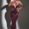 Adriana Samt-Maxikleid mit Neckholder in Weinrot