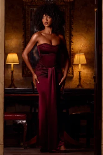 Aisra Satin-Bandeau-Kleid mit drapierten Einschnitten in Weinrot