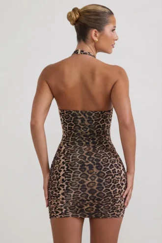 Alena gerafftes, figurbetontes Minikleid mit Neckholder in Leopardenmuster