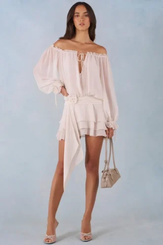 Alessia Off-Shoulder-Minikleid mit Ballonärmeln in Elfenbein