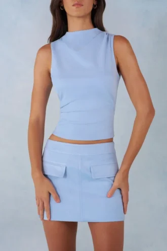 Aurelle Rollkragen-Oberteil aus Kunstwildleder in Soft Blue