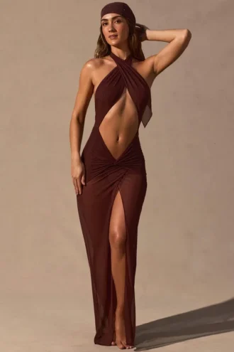 Caicos Maxikleid mit Cut-outs und Neckholder-Ausschnitt in Espressobraun
