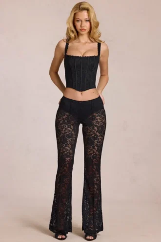 Calista Sheer Lace Mid-Rise Flared Trousers in Schwarz