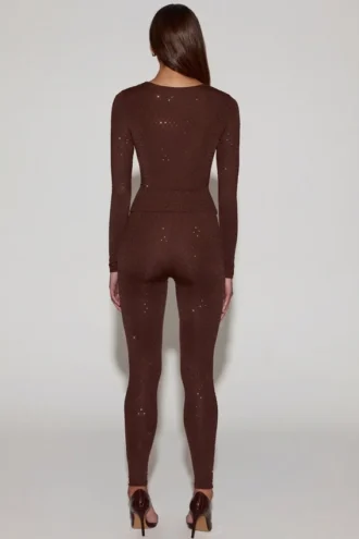 Cassie Leggings aus verziertem Jersey mit hoher Taille in Schokoladenbraun