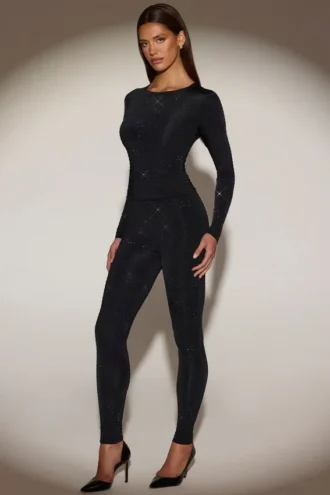 Cassie Leggings aus verziertem Jersey mit hoher Taille in Schwarz