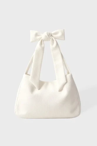 Cord-Tote-Bag mit Schleife in Elfenbein