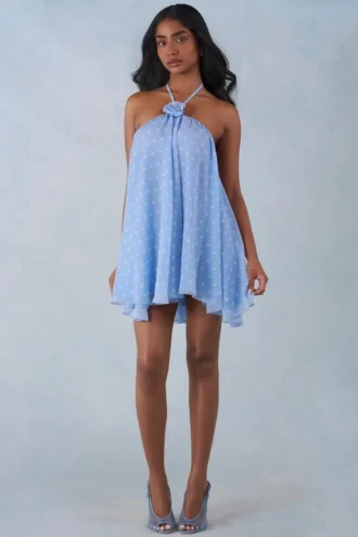 Evania Neckholder-Babydoll-Minikleid mit blauem Polka-Dot-Print