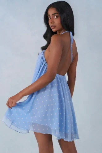 Evania Neckholder-Babydoll-Minikleid mit blauem Polka-Dot-Print