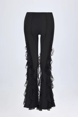 Felicity Mid-Rise-Hose mit Rüschen und ausgestelltem Bein in Schwarz