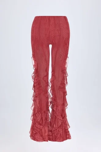 Felicity Mid-Rise-Hose mit Volants und ausgestelltem Bein in rotem Print
