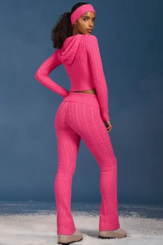 Flared-Hose mit Umschlag und Zopfmuster in Pink