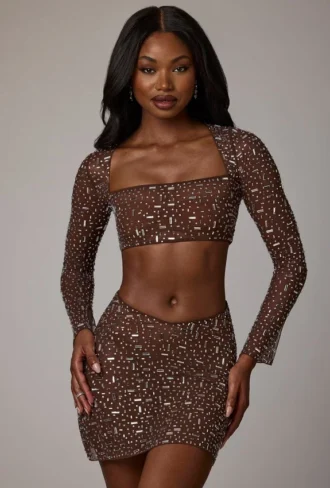 Thalassa transparenter, verzierter Minirock mit V-Taille in Deep Cocoa Thalassa transparenter, verzierter Minirock mit V-Taille in Deep Cocoa