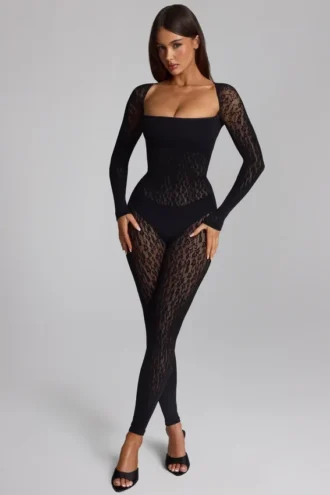 Irina Langarm-Jumpsuit aus nahtlosem Strick in Schwarz Irina Langarm-Jumpsuit aus nahtlosem Strick in Schwarz