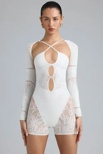Melody Verzierter Cut-Out-Unitard in Elfenbein