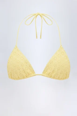 Recife Bikini-Oberteil mit Broderie Anglaise im Dreiecksschnitt in Zitronengelb
