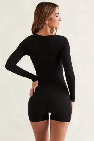 Rue Langarm-Unitard mit quadratischem Ausschnitt in Schwarz