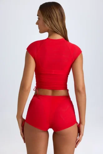 Santana transparentes, gerafftes, kurzes T-Shirt in Fiery Red