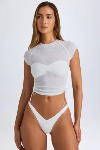 Santana Transparentes, gerafftes, kurzes T-Shirt in Weiß