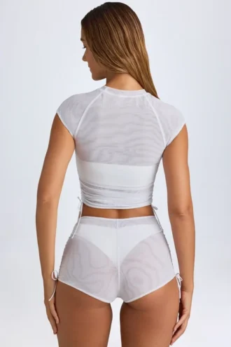 Santana Transparentes, gerafftes, kurzes T-Shirt in Weiß