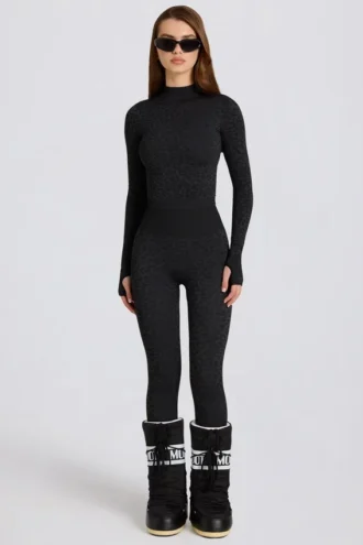 Thermo-Leggings in Schwarz mit Leopardenmuster