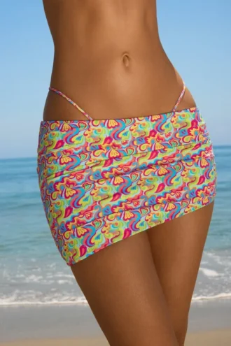 Tropea Asymmetrischer, geraffter Micro-Mini-Rock mit leuchtendem Multicolor-Print