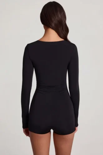 Vionne Soft Jersey Sweetheart Langarm-Mini-Playsuit in Schwarz