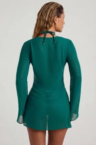 Vista – Transparentes Minikleid mit Cowl-Ausschnitt und Perlenverzierung in Jadegrün
