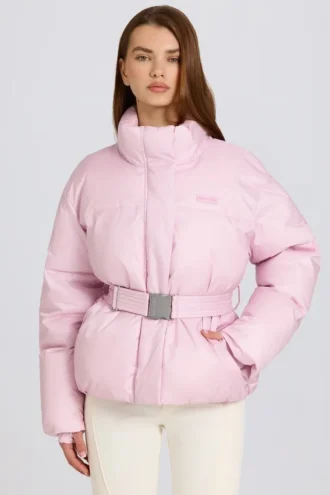 Wasserdichte, übergroße Skijacke mit Gürtel in Powder Pink
