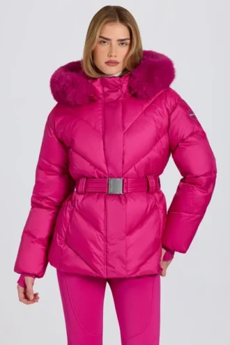 Wasserdichte Skijacke mit Kunstfellkapuze in Magenta-Pink