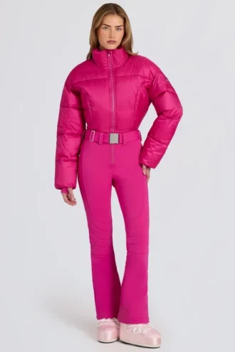 Wasserdichter, gefütterter Skianzug mit Gürtel in Magenta-Pink