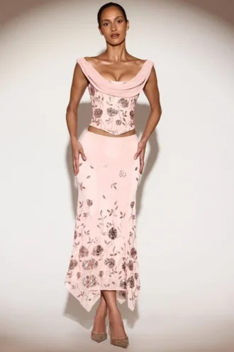 Winika verzierter Midaxi-Rock mit mittlerer Leibhöhe und Hanky-Saum in Pink