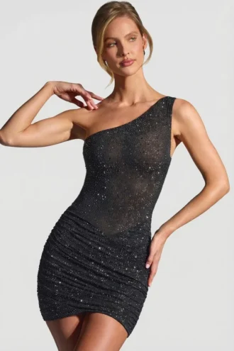 Zahira Minikleid mit Verzierung und einer Schulter in Schwarz Zahira Minikleid mit Verzierung und einer Schulter in Schwarz