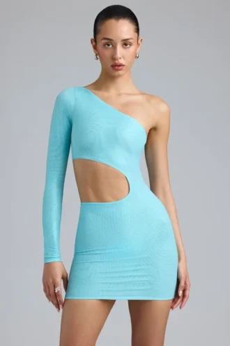 Zanab Metallic-Minikleid mit Cut-outs und einer Schulter in Eisblau Zanab Metallic-Minikleid mit Cut-outs und einer Schulter in Eisblau