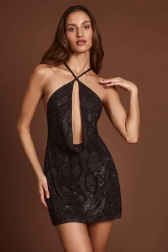 Zelinda verziertes Neckholder-Minikleid mit Wasserfallausschnitt in Schwarz Zelinda verziertes Neckholder-Minikleid mit Wasserfallausschnitt in Schwarz