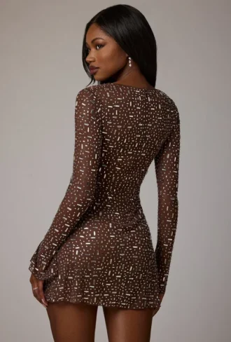Zeta Sheer verziertes A-Linien-Minikleid mit langen Ärmeln in Deep Cocoa Zeta Sheer verziertes A-Linien-Minikleid mit langen Ärmeln in Deep Cocoa