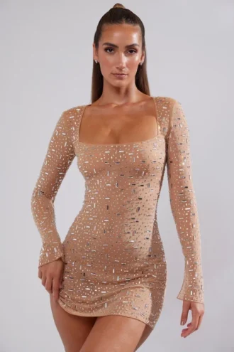 Zeta – Transparentes, verziertes A-Linien-Minikleid mit langen Ärmeln in Mandel Zeta – Transparentes, verziertes A-Linien-Minikleid mit langen Ärmeln in Mandel