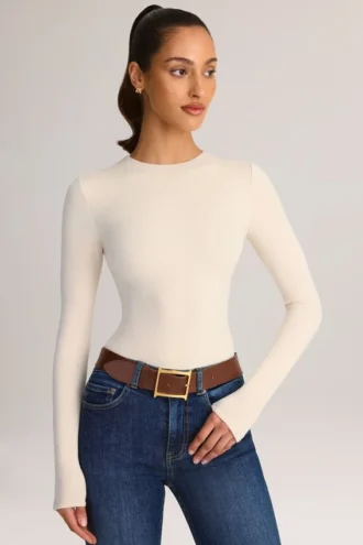 Ziva Modal-Bodys mit Rundhalsausschnitt und langen Ärmeln in Creme