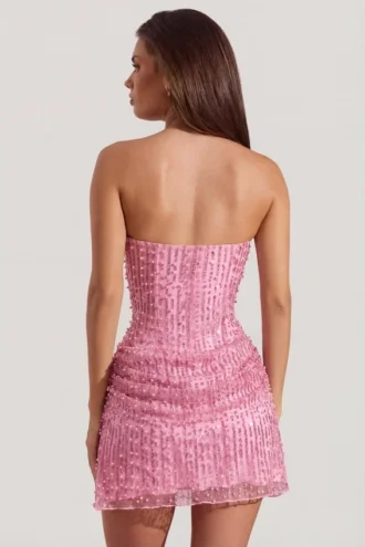 Ziya Verziertes, drapiertes, trägerloses A-Linien-Minikleid in Pink